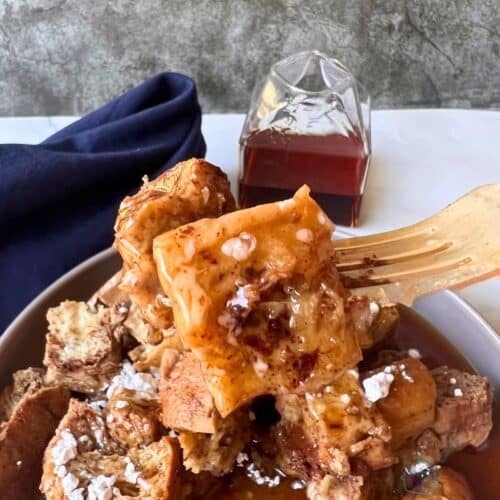 A close up of slow cooker French toast casserole on a fork