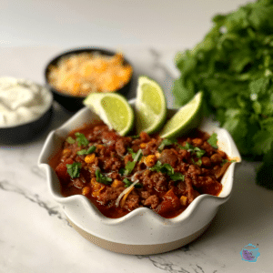 side view of a bowl of slow cooker chili - no beasn