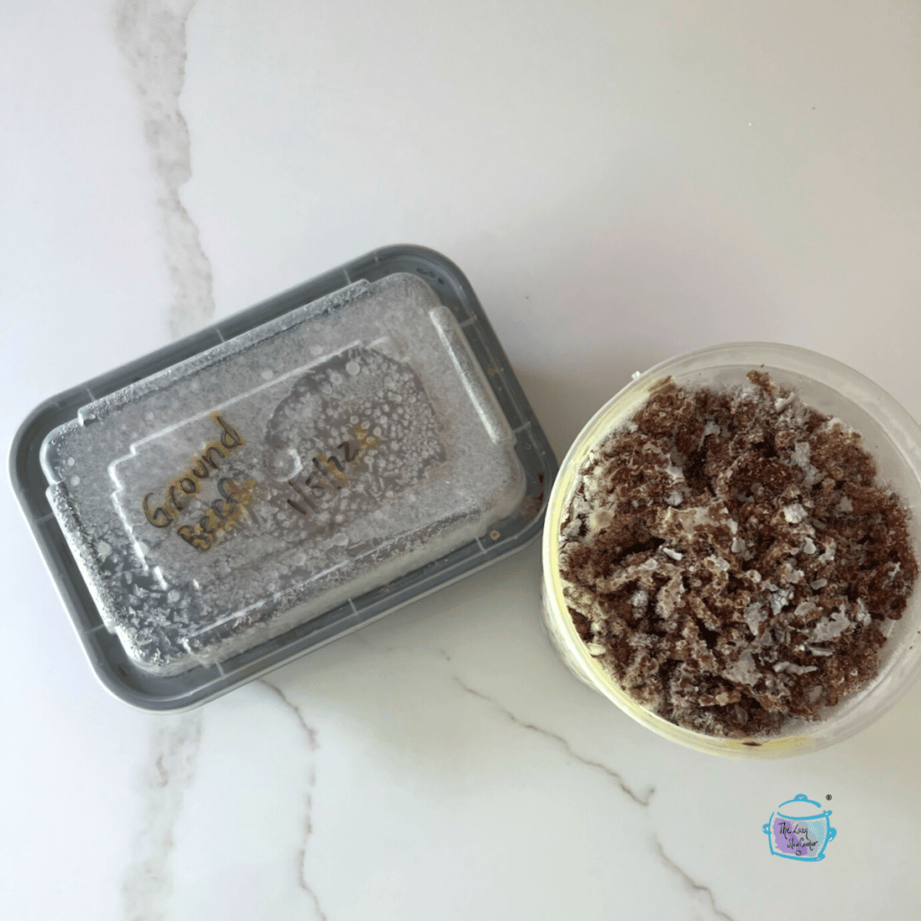 cooked, frozen ground beef in recipe sized portioned containers