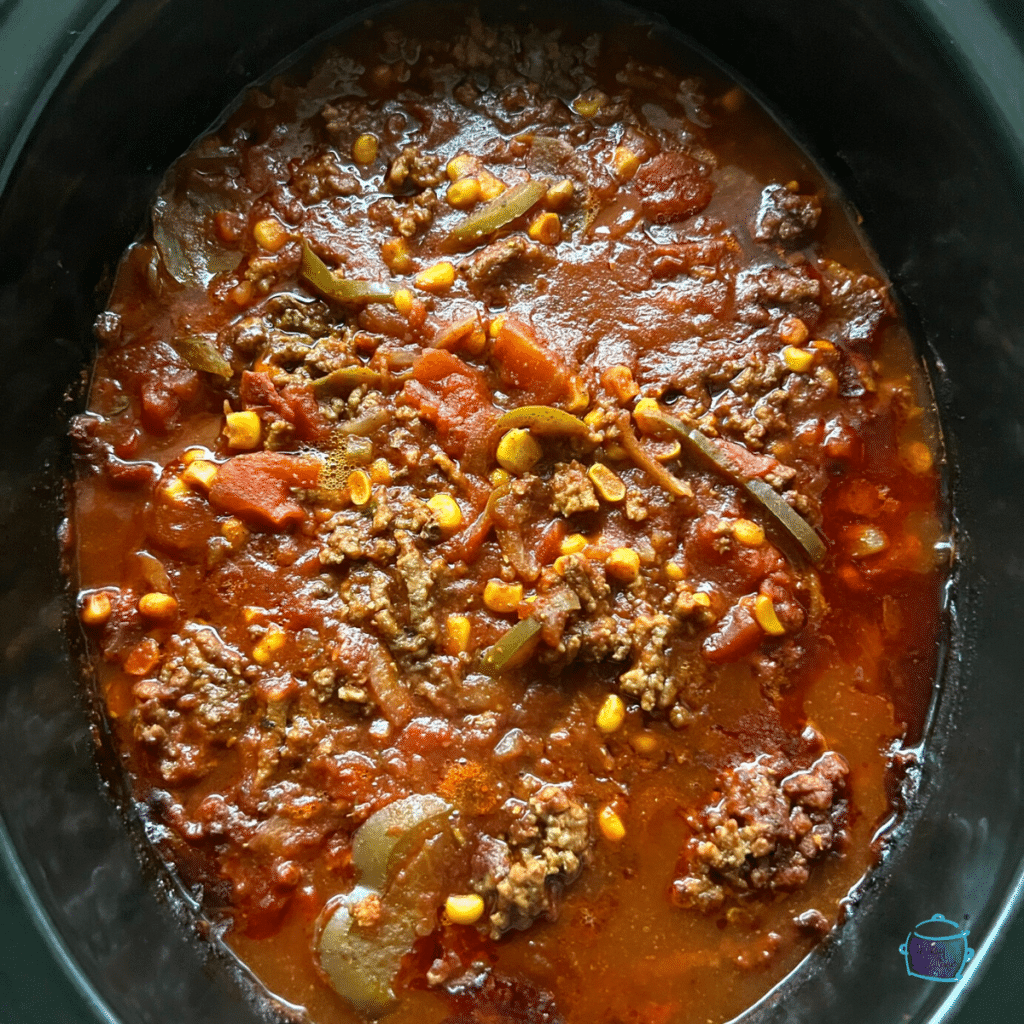 looking down on a crockpot full of finished chili ready to serve