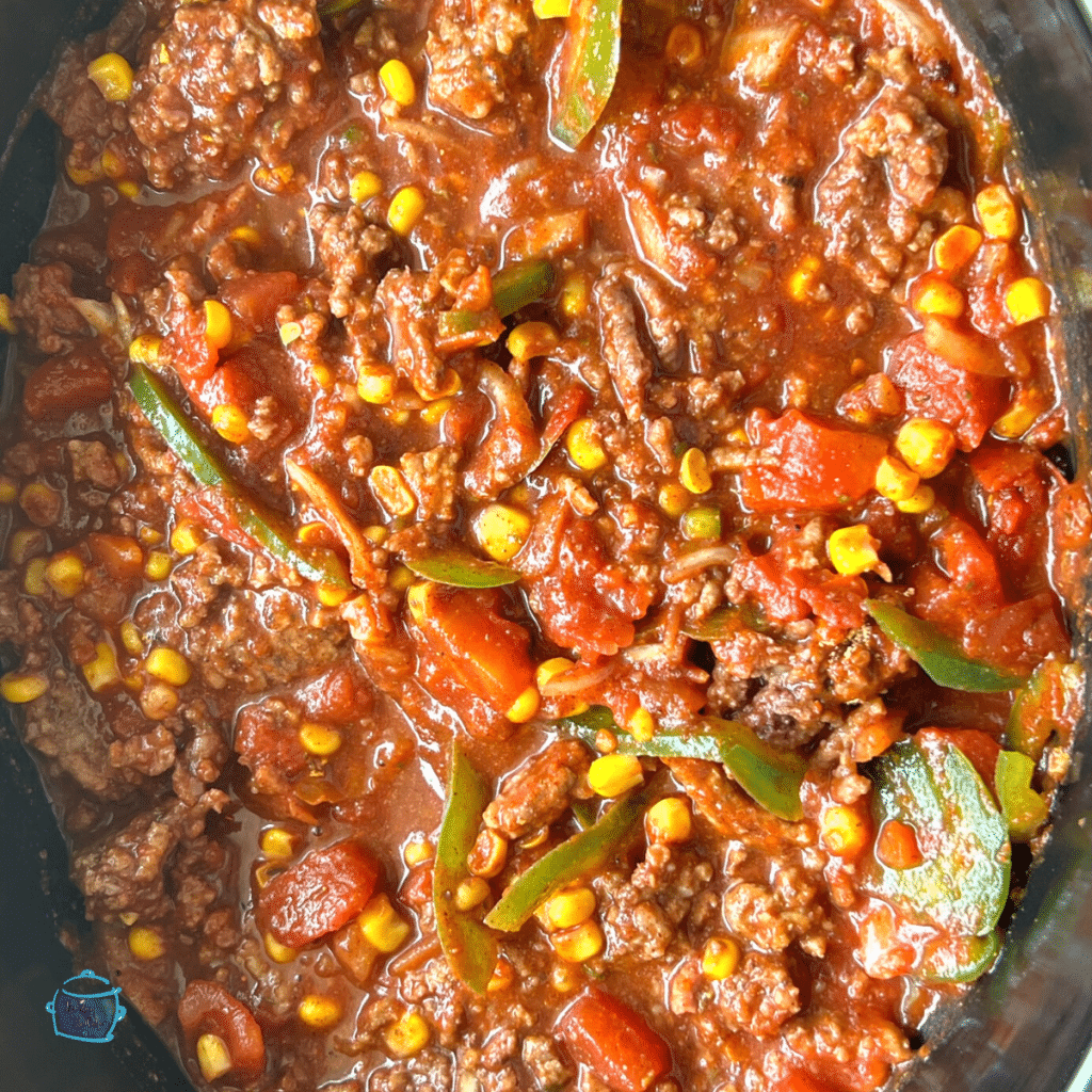 a slow cooker full of chili ingredients with no beans. ready to cook