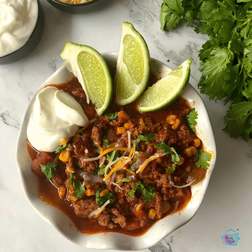 a while bowl of slow cooker chili without beans with lime wedges and sour cream on the side