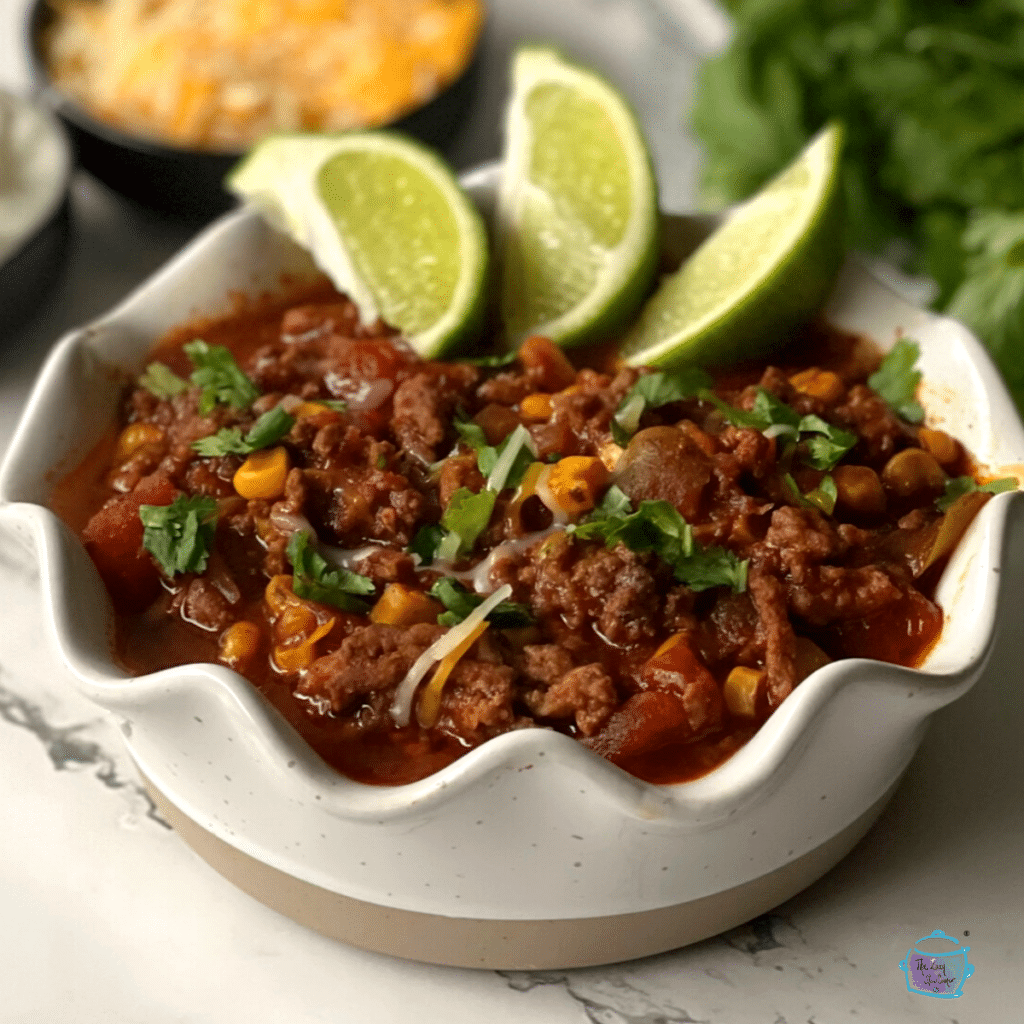 slow cooker chili with no beans in a white bowl garnished with lime wedges and cilantro