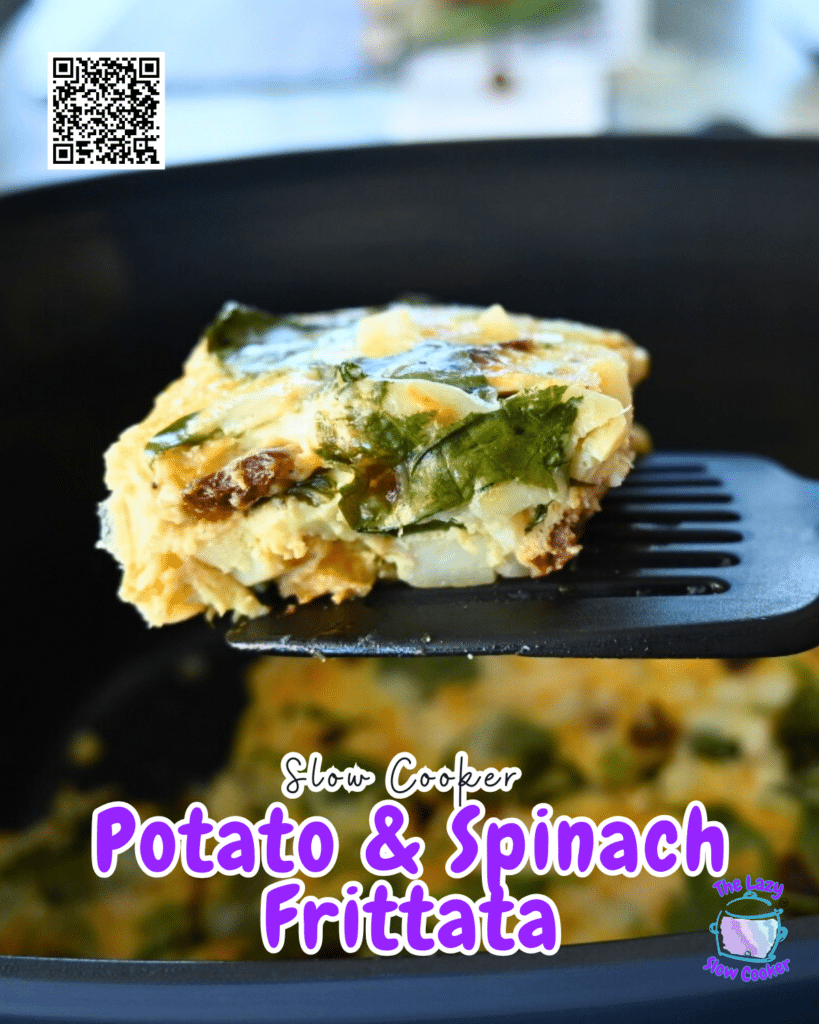 A close-up of a spatula lifting a square piece of spinach and cheese egg casserole from a black slow cooker, with more casserole visible inside the cooker.