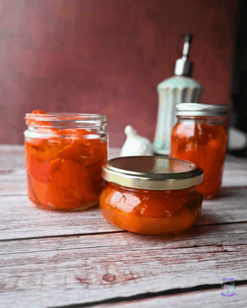slow cooker peppers in glass jars ready to be stored