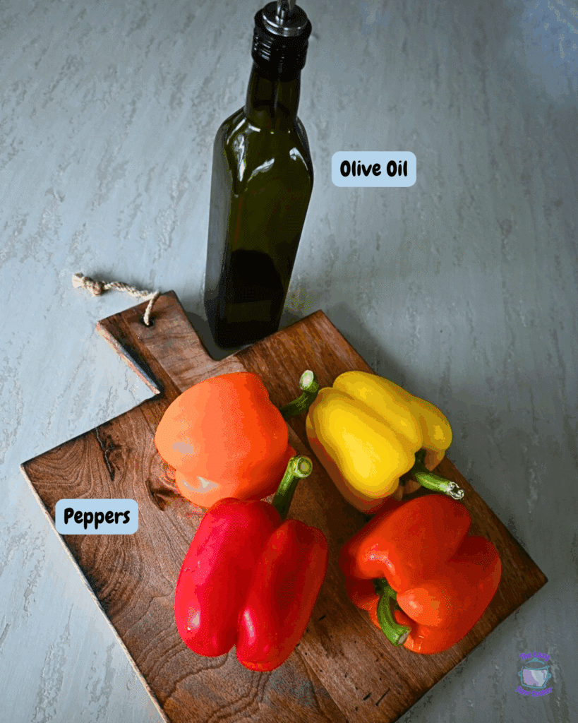 Peppers and an olive oil jar