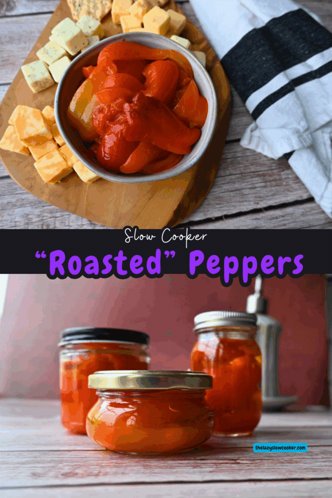 two photos of red roasted peppers. One in a bowl on a cheese platter, the other stored in jars