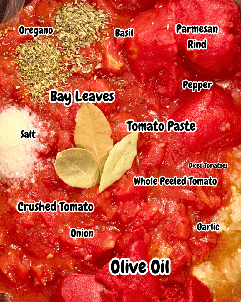A close-up shows labeled ingredients for slow cooker marinara sauce, including herbs, cheeses, tomatoes in various forms, onion, garlic, and olive oil.