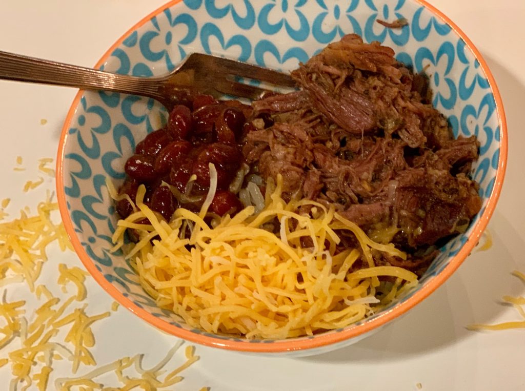 Lazy Beef barbacoa bowl with beans, rice and cheese