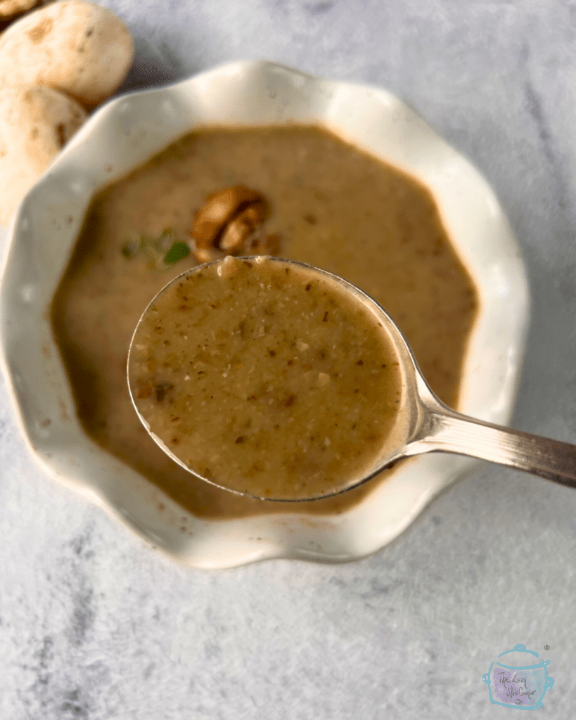 cream of mushroom soup on a spoon held over a bowl of the same