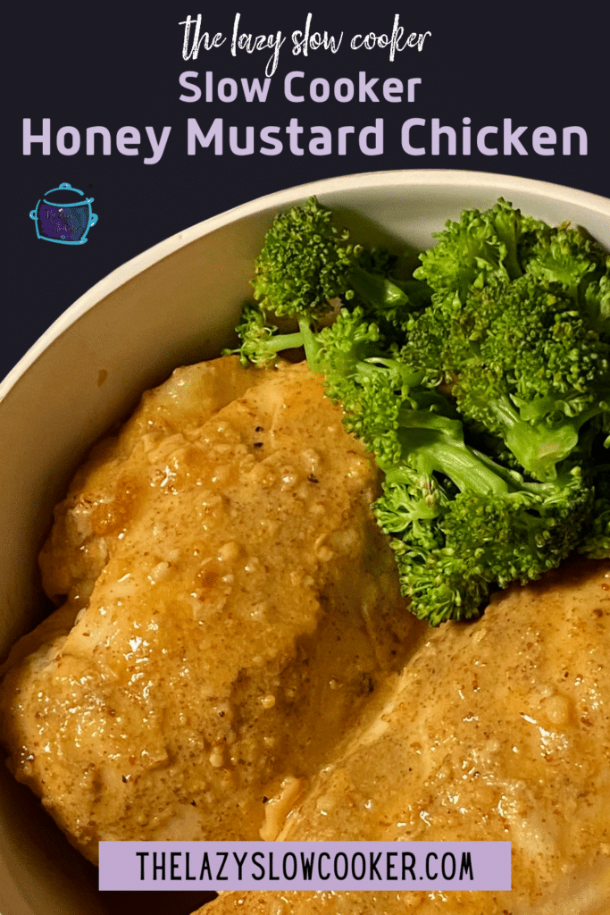 Slow Cooker Honey mustard chicken and broccoli in a white bowl