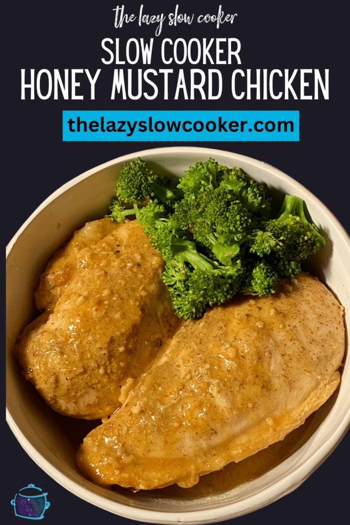 Slow Cooker Honey mustard chicken and broccoli in a white bowl