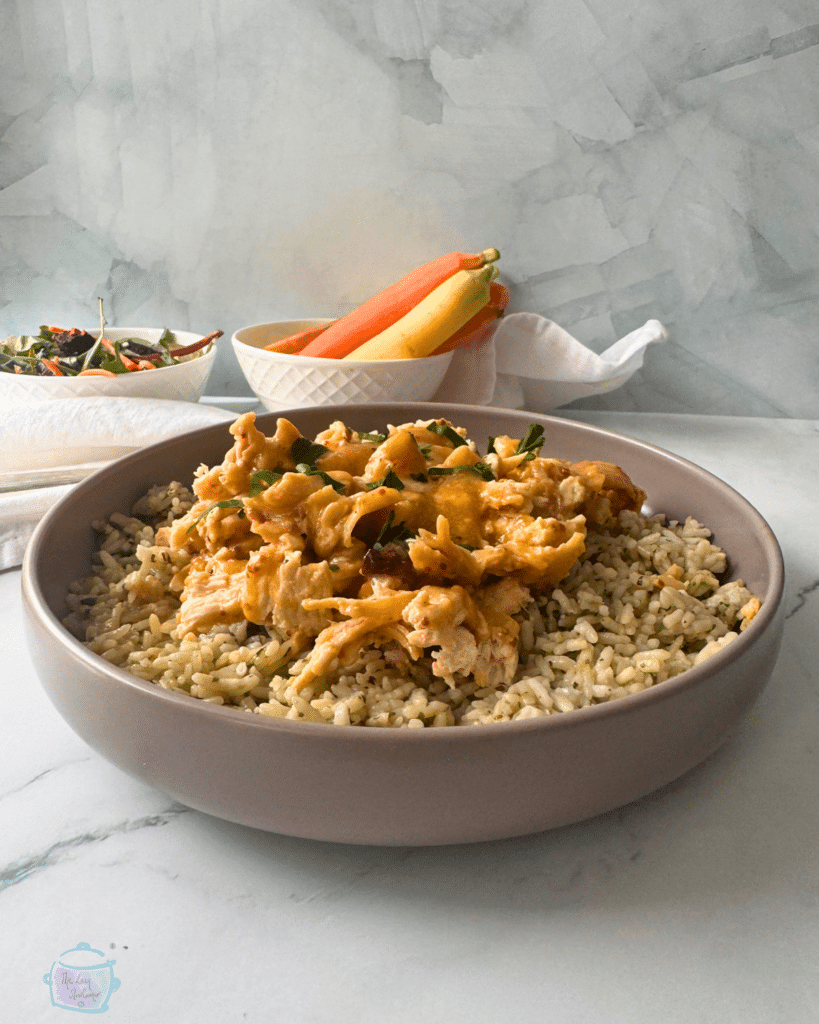 slow cooker honey mustard chicken on a bed of rice