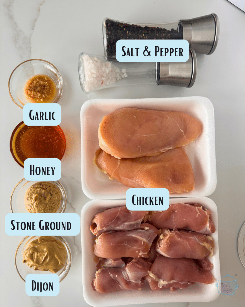 honey mustard slow cooker chicken ingredients with lables