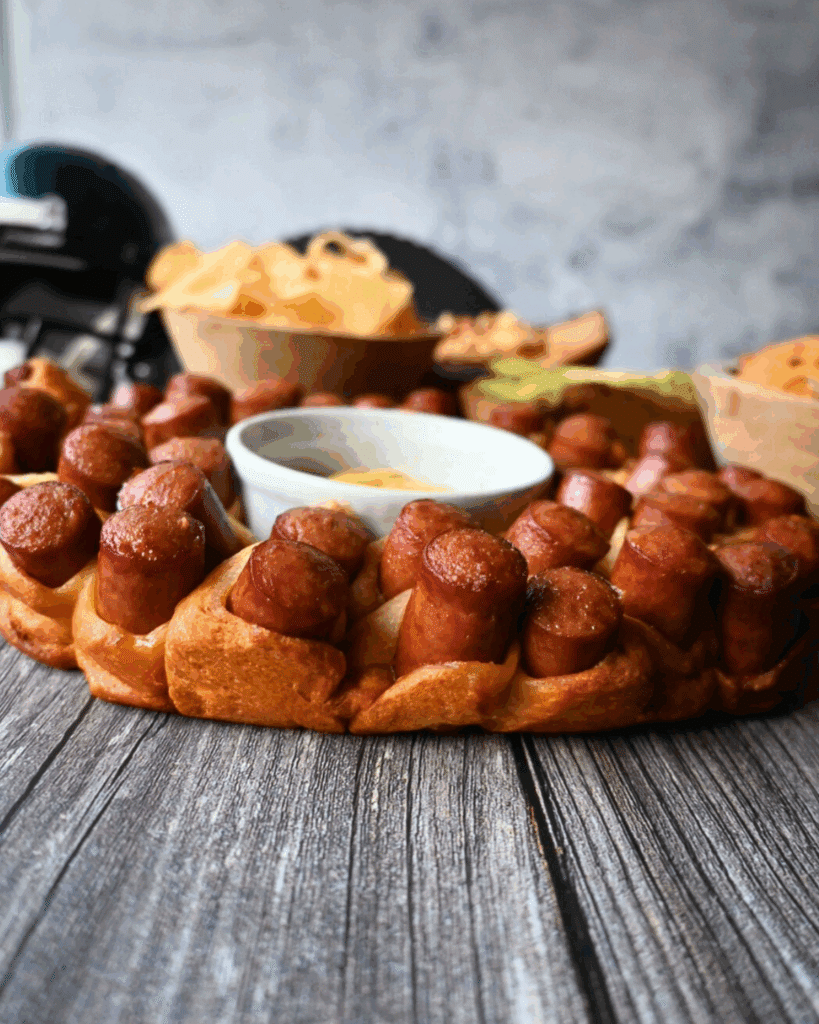 A ring of pigs in a blanket surrounds a small bowl of dipping sauce, with bowls of chips and snacks in the background on a wooden table.