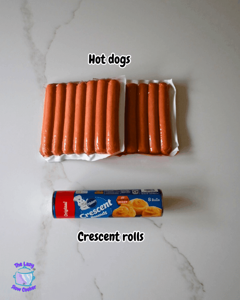 Two unopened packages of hot dogs and and unopened package of crescent rolls