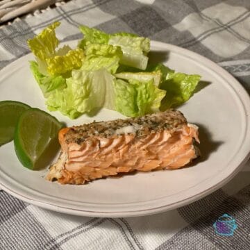 Salmon on plate with salad and lime wedges