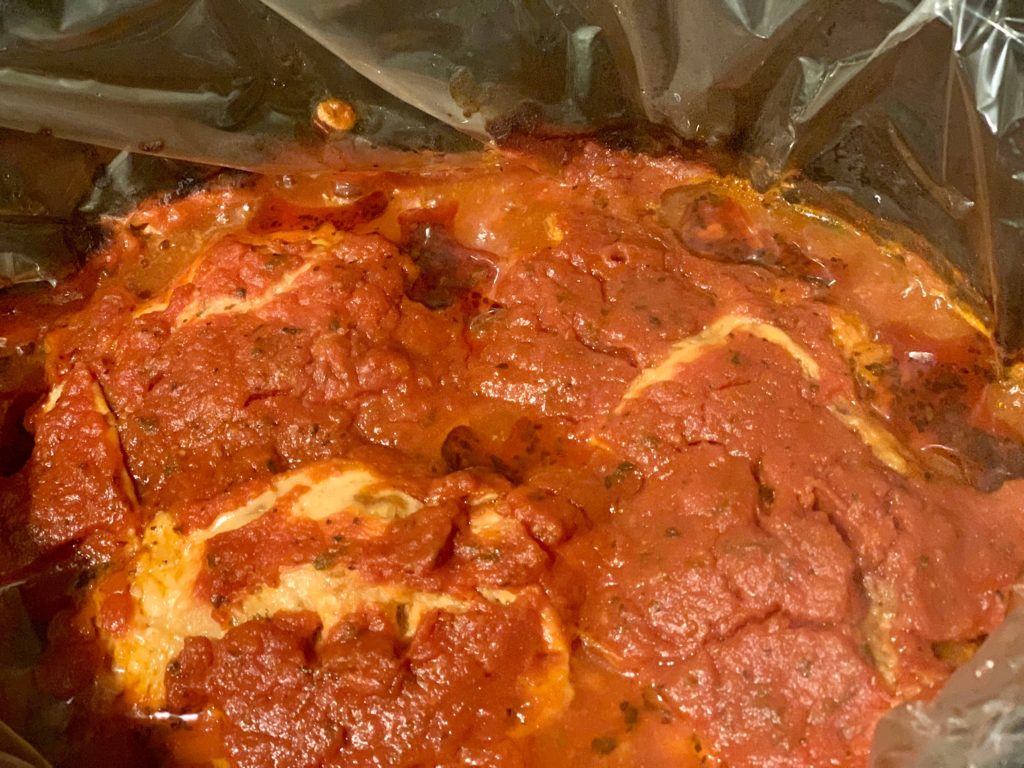 Slow Cooker chicken parm finished in the pot
