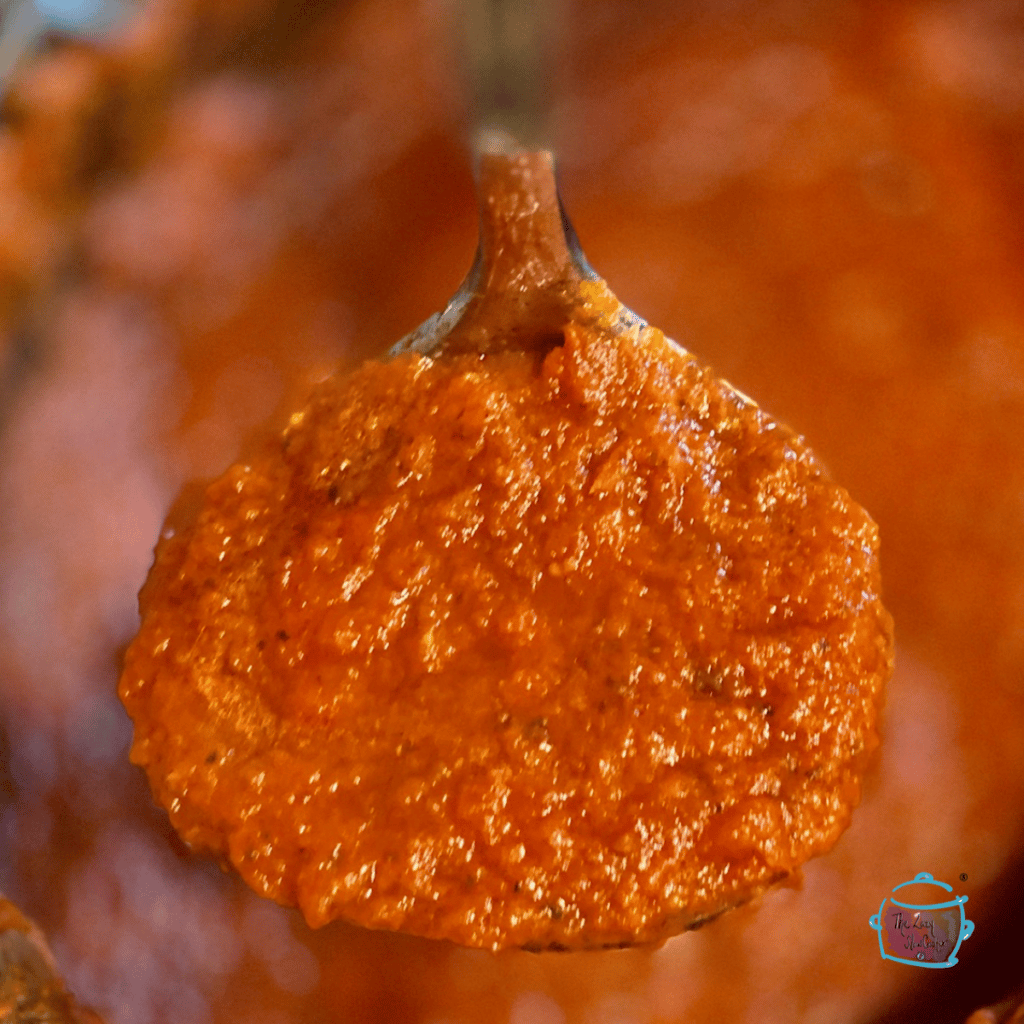 close up of slow cooker marinara on a ladle