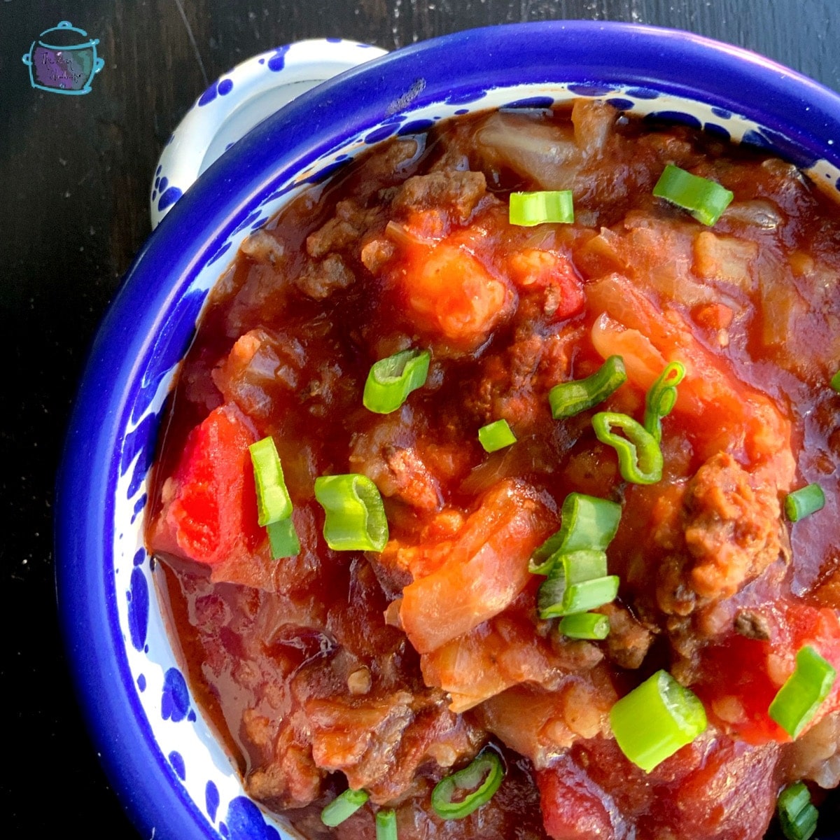 A blue and white bowl with finished unstuffed cabbage rolls