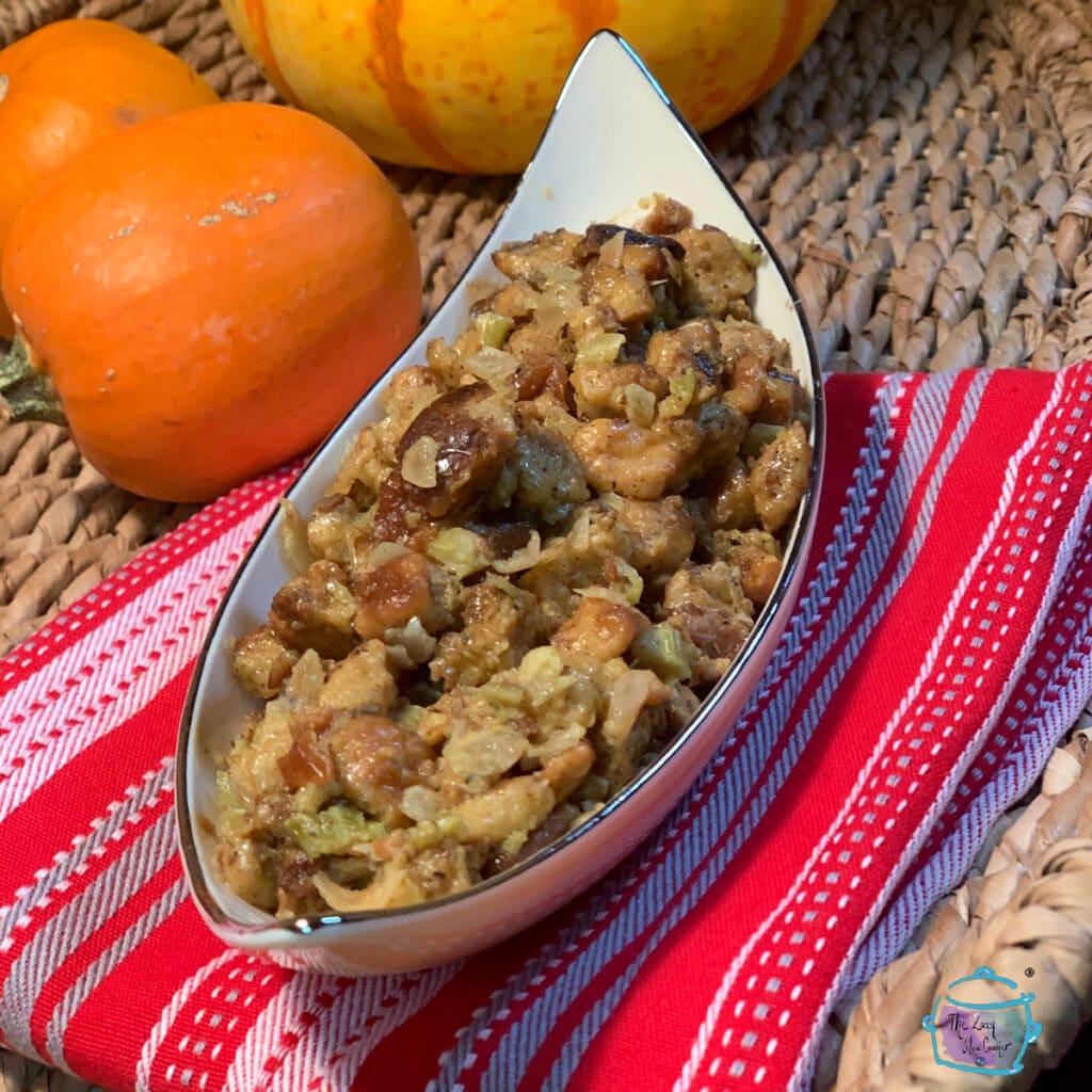 Slow cooker stuffing in a unusually shaped bowl