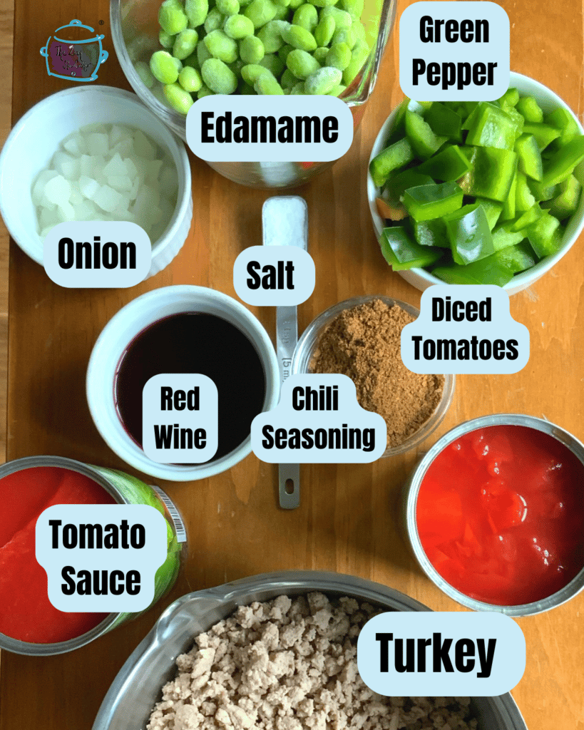 turkey chili with edamame ingredients with labels before slow cooking