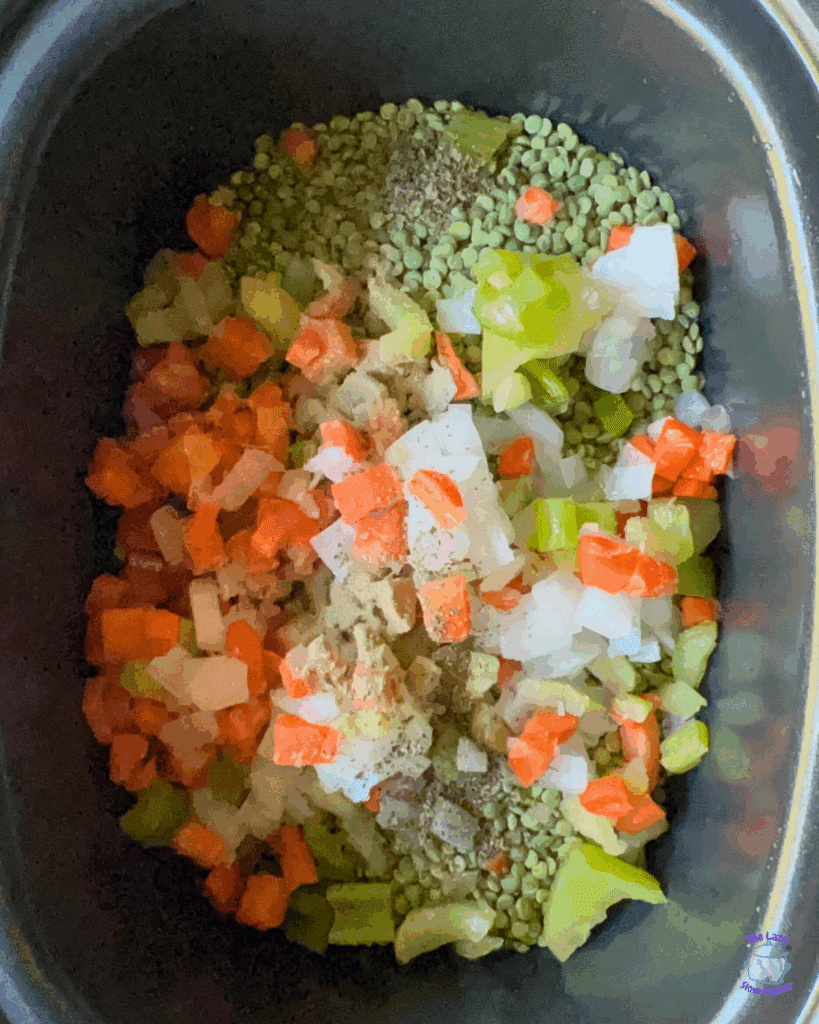 all vegetables and spices to make pea soup in a slow cooker except broth