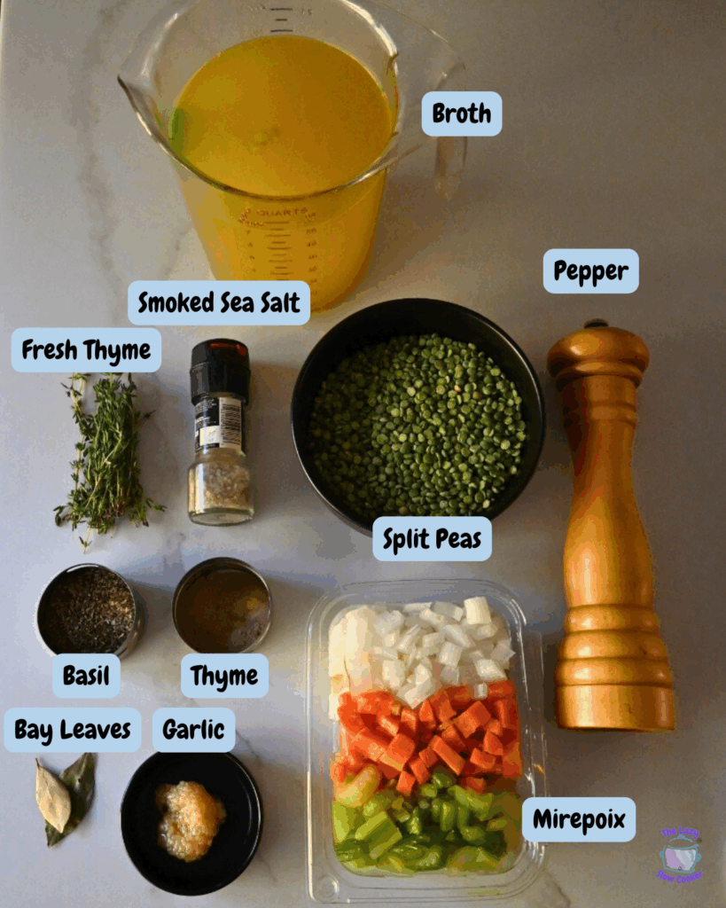 vegetarian pea soup ingredients with labels
