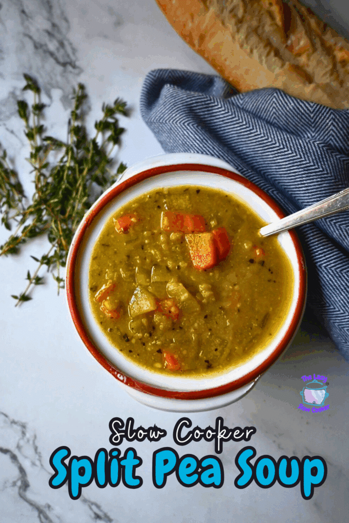 a round bowl with a spoon containing slow cooker vegan pea soup