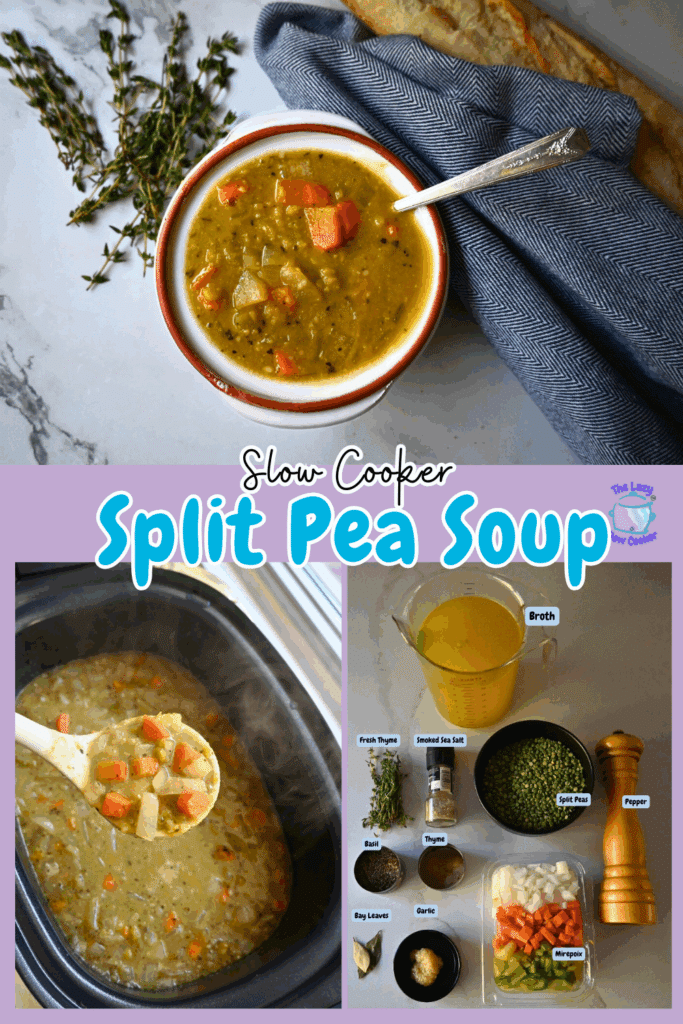 different photos of crock pot pea soup including one of the ingredients with labels