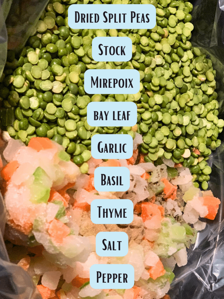 A crockpot full of split pea ingredients prior to cooking with labels overtop. 