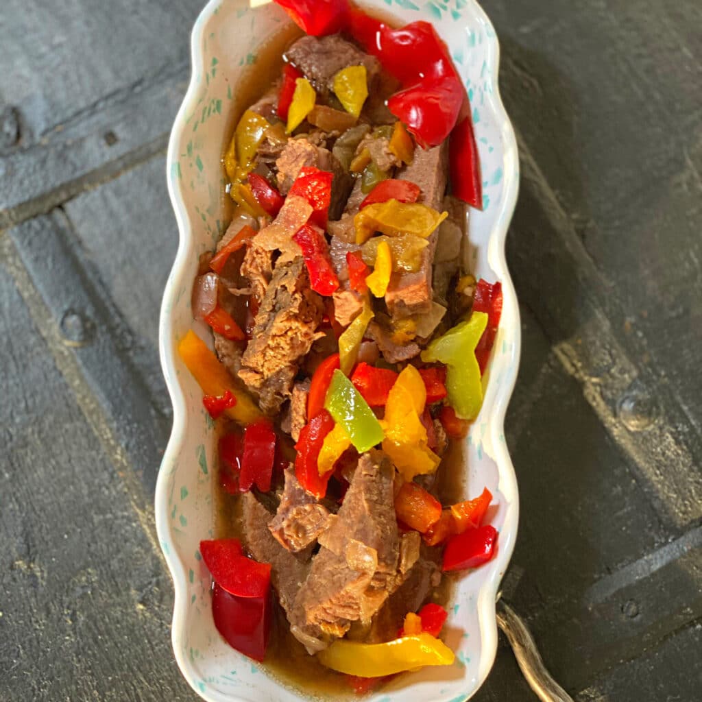 looking down on finished dish of pepper steak