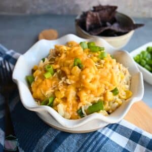 slow cooker chili chicken casserole made from rotisserie chicken in a white bowl