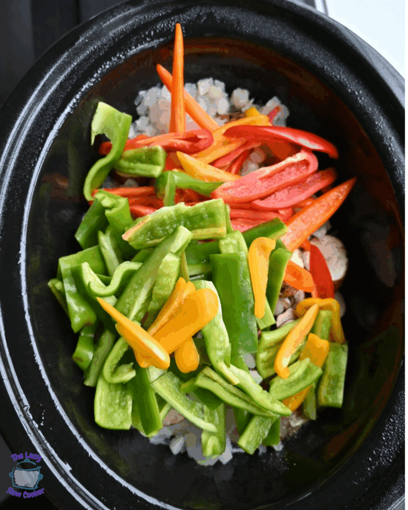 all Philly chicken ingredients in crockpot before cooking