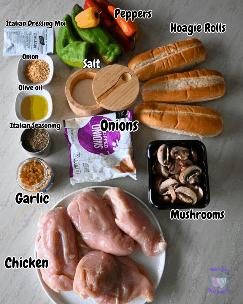 slow cooker chicken cheesesteak ingredients with lables