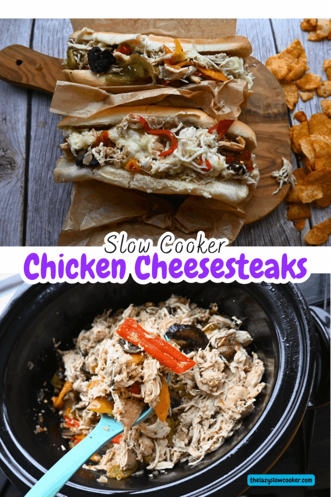 two photos of chicken cheesesteaks. one is sandwich form and one in slow cooker