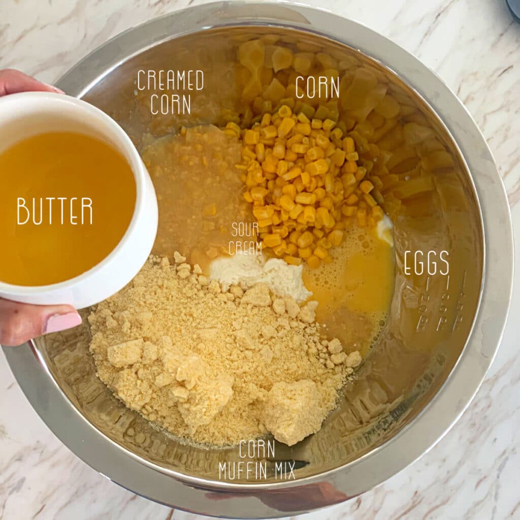 All recipe ingredients in labeled in a mixing bowl prior to combining 
