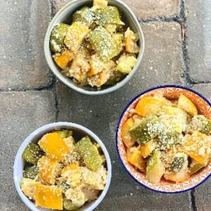 three bowls of zucchini and squash parmesan