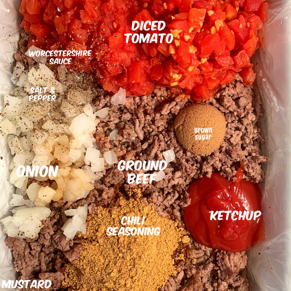 All ingredients labeled in a white slow cooker