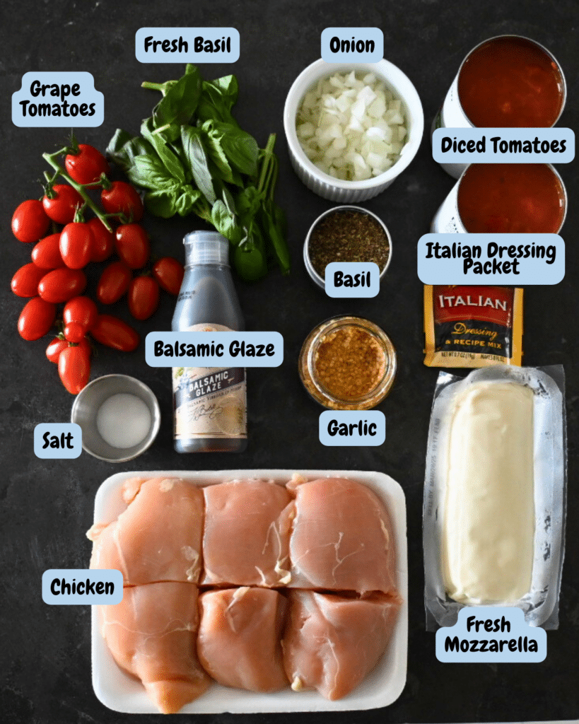 Chicken caprese ingredients with labels