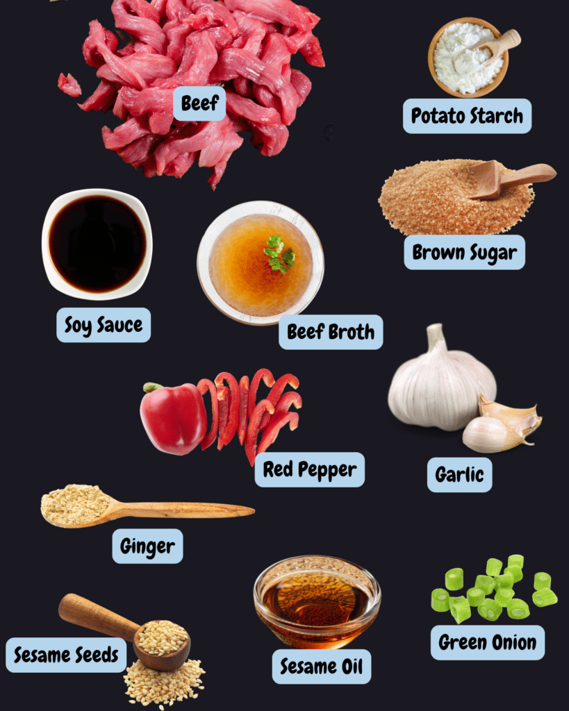 Ingredients for slow cooker beef bulgogi, each labeled, arranged on a black surface and ready to combine for cooking.