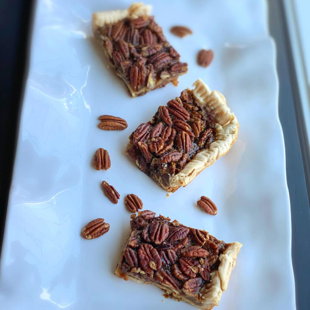 three pecan pie squares on a white tray