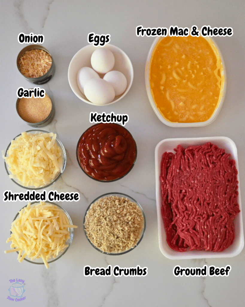 slow cooker mac and cheese stuffed meatloaf ingredients with labels
