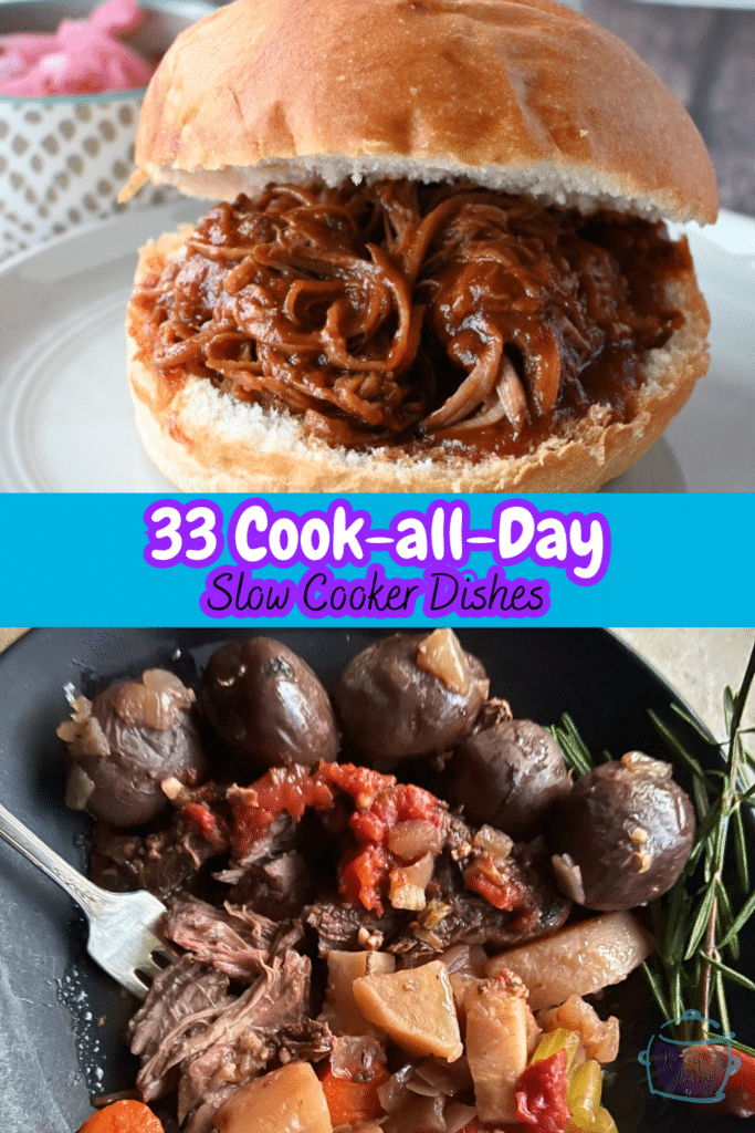 two photos of slow cooker beef recipes with longer cooking times