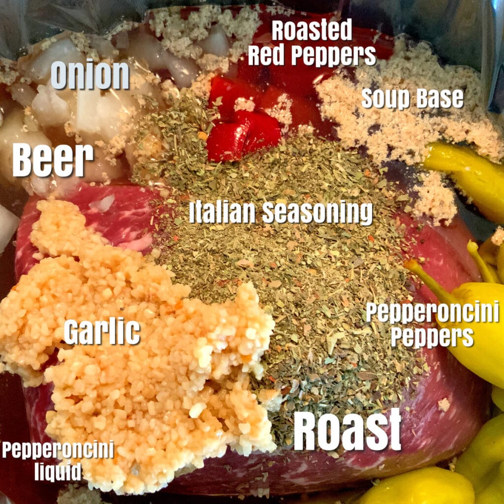 All raw ingredients for Italian Beef in slow cooker with labels