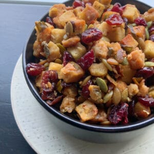 close up of stuffing in a round black bowl.