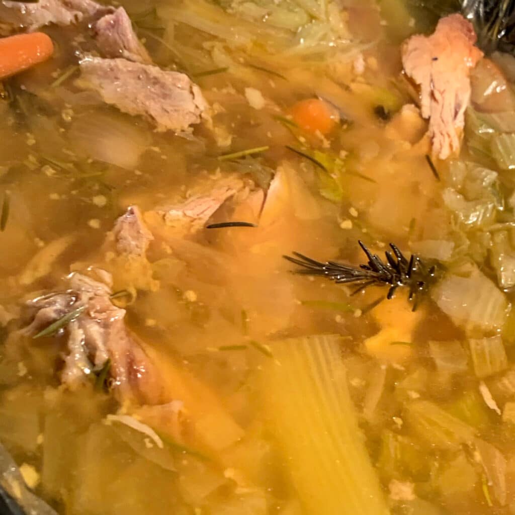 Turkey soup ingredients in slow cooker after cooking but before draining.