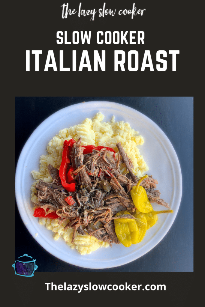 a plate full of Italian roast shredded and topped with roasted pepper and banana rings served on mashed potatoes