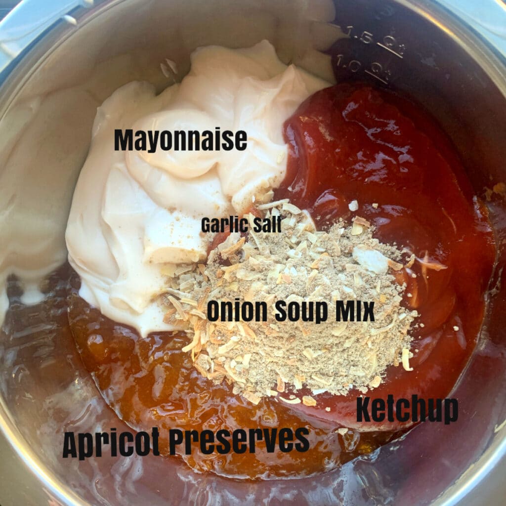 ingredients for sauce in a bowl with labels prior to mixing