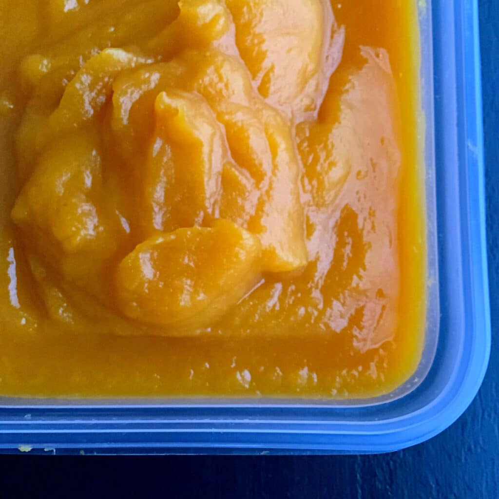 Close up of pumpkin purée in a clear, square storage container